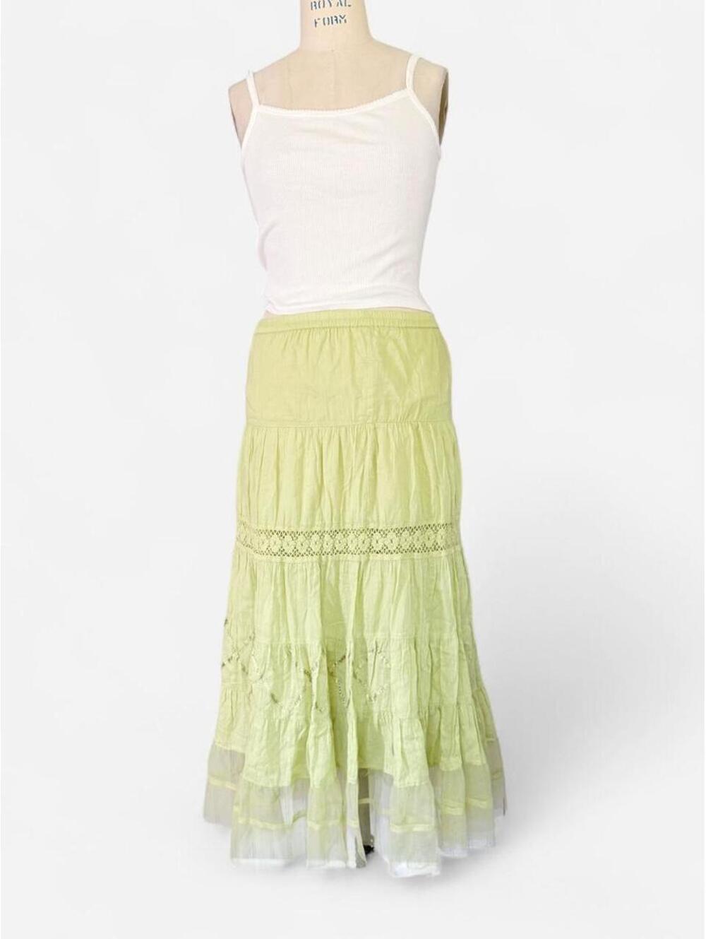 Vintage Chartreuse Green Tiered Lace Crinkle Maxi Skirt